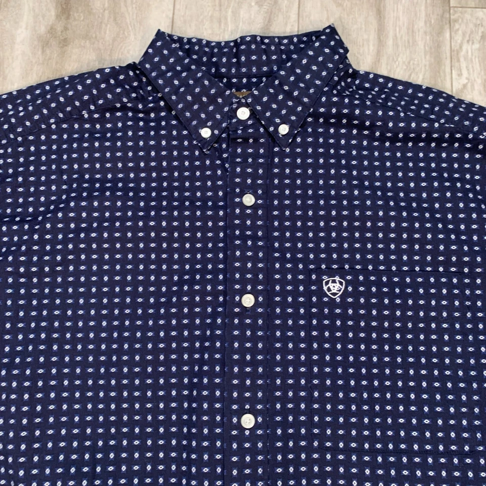 Ariat Shirt Mens Extra Large Blue Geometrical Pattern Button Up Long Sleeves - Image 2 of 4