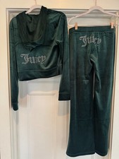 JUICY COUTURE Velour OG Bling Tracksuit Hoodie Pant Set Pine Green Large L NEW