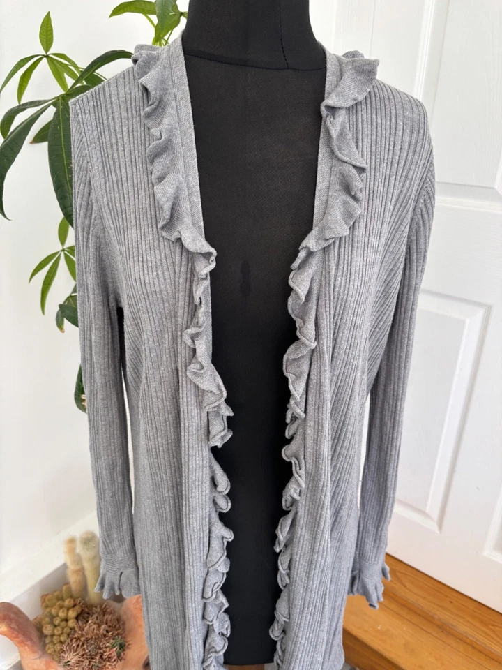 M&S Per Una Long Length Cardigan Women's Size 16 Grey Ribbed Frill Open Front — 第 2/4 张图片