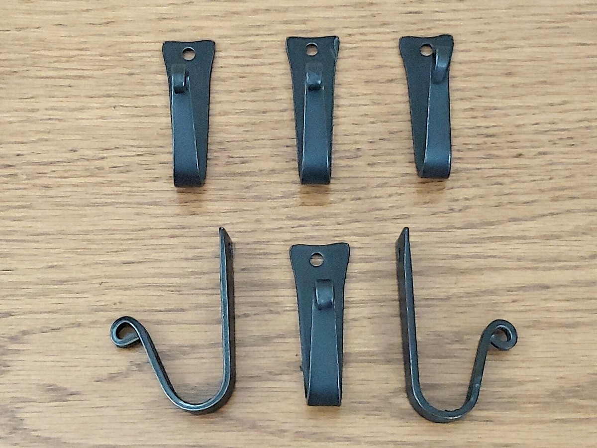 Six Amish forged black wrought iron wall J hooks w/ screws