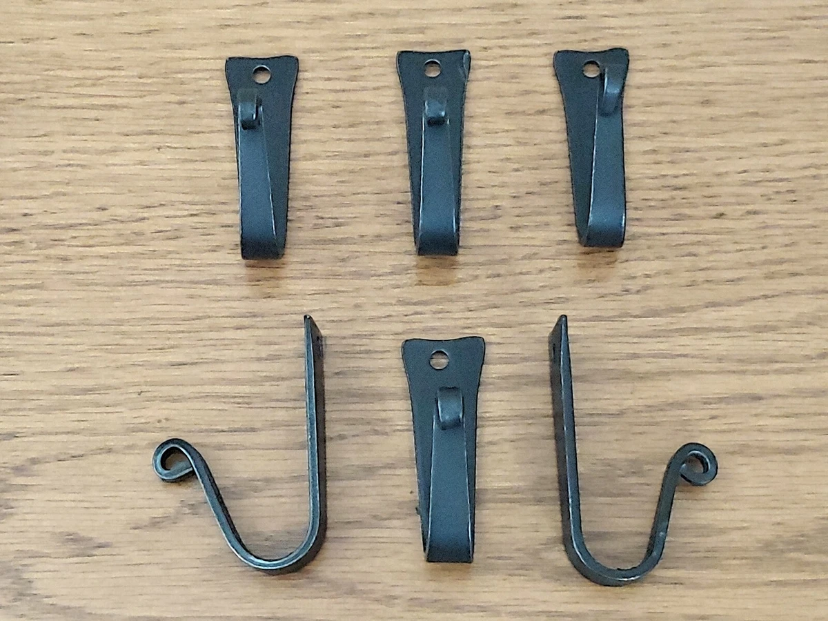 6 Amish forged black wrought iron wall J hooks w/ screws - strong sturdy  metal