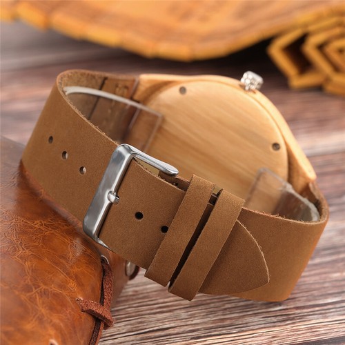 Casual Men Wooden Watch Carved Skull Dial Analog Quartz Wristwatch Leather Band - Picture 4 of 8