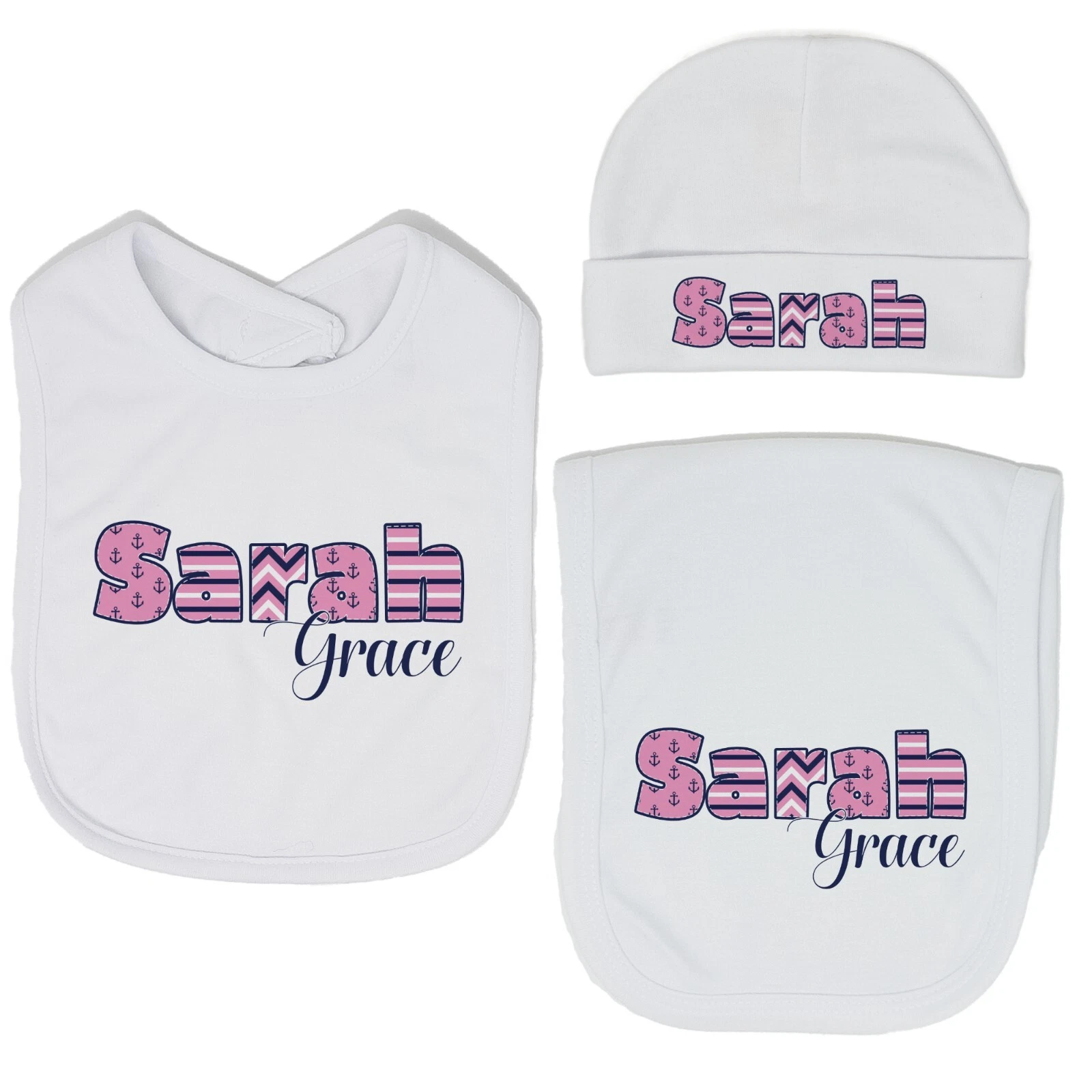 Baby Girl Personalized Custom Anchor Nautical Bib and Burp Cloth Set VS2
