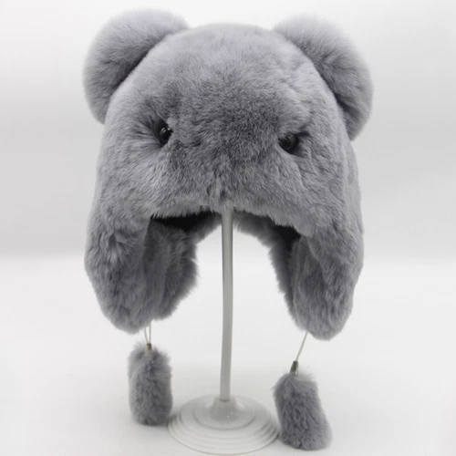 Kids Children Real Rex Rabbit Fur Hat Warm Caps Cute Bear Style Outdoor Beanie - Picture 9 of 15