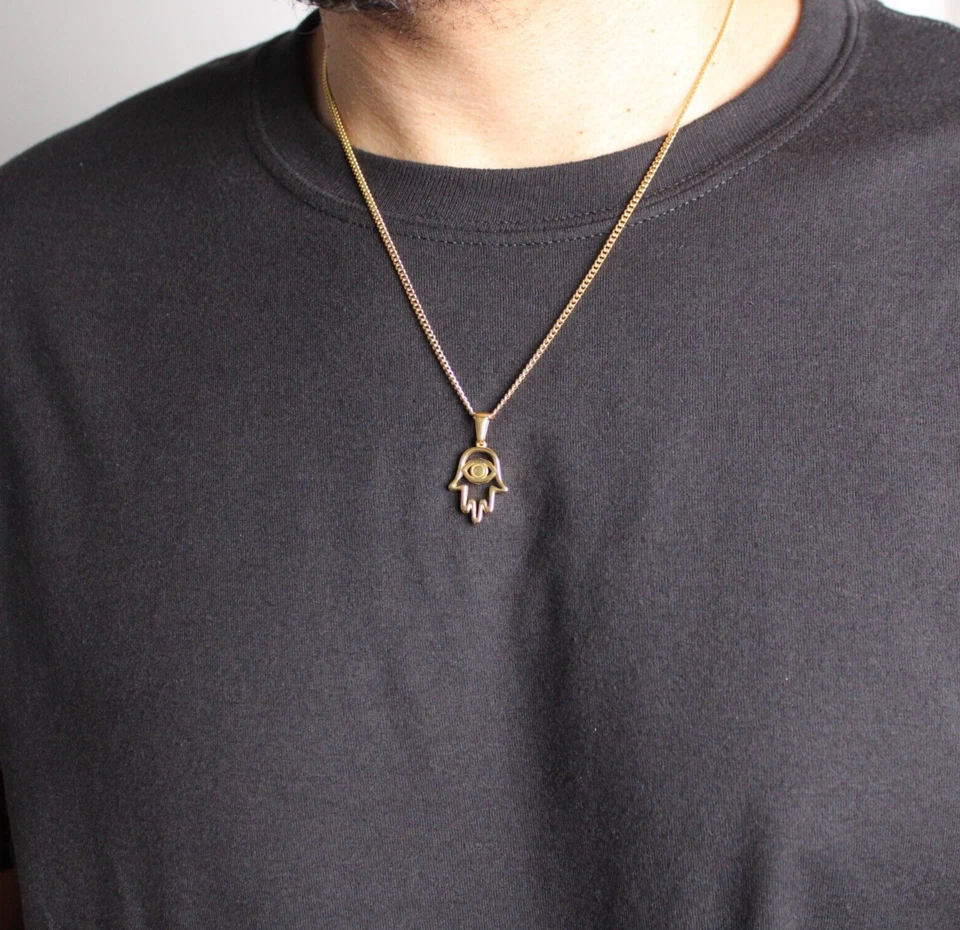 Gold Hamsa Evil Eye Pendant Chain Necklace Hand of Fatima Stainless Steel - Bild 2 von 4