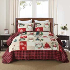 3 Pc Patchwork Velvet Quilted Oversized Christmas Quilt Set for Bedroom