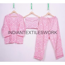 Women Hand Block Printed Cotton Pajama Set Sleepwear Indian Women Dress Gifted
