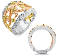 WIDE 1.13CT WHITE CANARY DIAMOND 14KT TRI COLOR GOLD MULTI LEAF ANNIVERSARY RING
