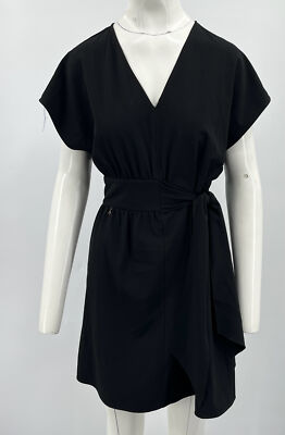 Patrizia Pepe Black Faux-Wrap Belted V-Neck Dress sz 44