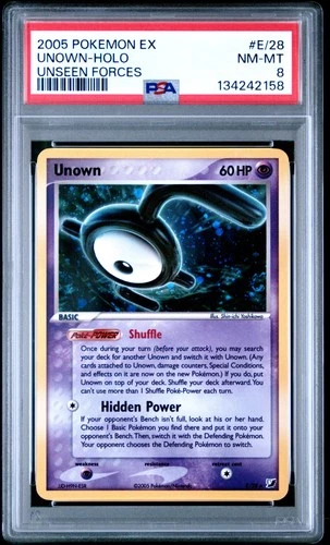 2005 POKEMON EX UNSEEN FORCES #E/28 UNOWN-HOLO PSA 8