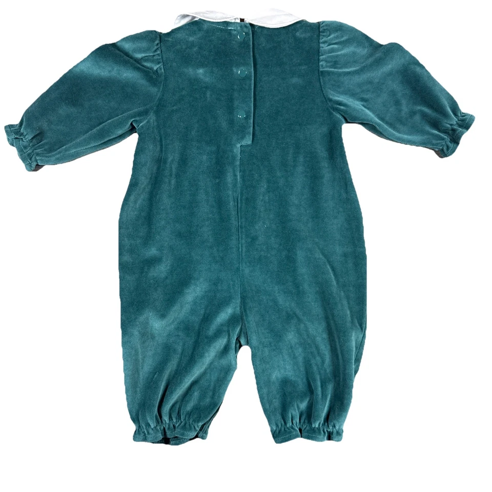 Mameluco vintage de Navidad verde para bebés niñas 3-6 meses rosas botones terciopelo una pieza Foto 4 de 4