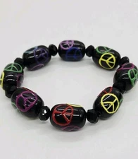 Peace Sign Stretch Bracelet Glass Beaded Lampwork Chunky One Size Multicolored