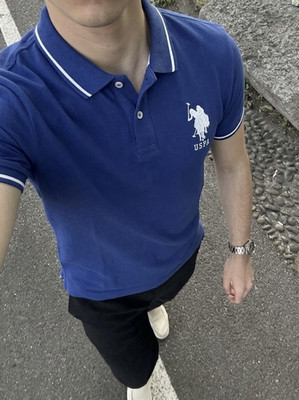 U.S. Polo Assn. Herren Polo Blau Weiß M Kurzarm Baumwolle Bestickt Logo