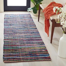 Rag Rug Collection Runner Rug - 2'3" X 10', Blue & Multi, Handmade Boho Stripe C
