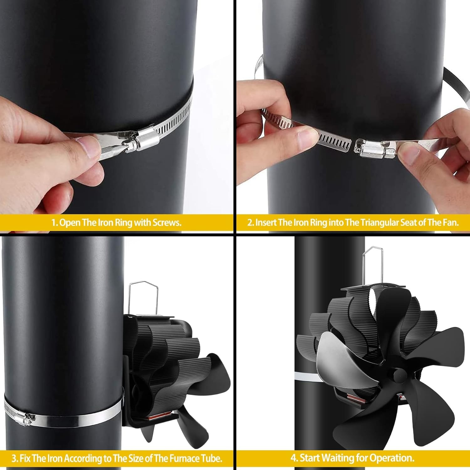 Heat Powered Wood Stove Fan, 5 Blades Pipe Fireplace Silent Small, Black 