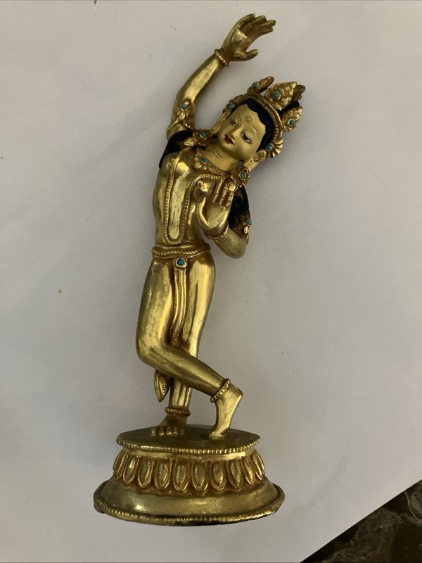 10” Tibet Maya Devi Gilded Bronze Dancing Buddha Gold Plated W/Turquoise Inlay