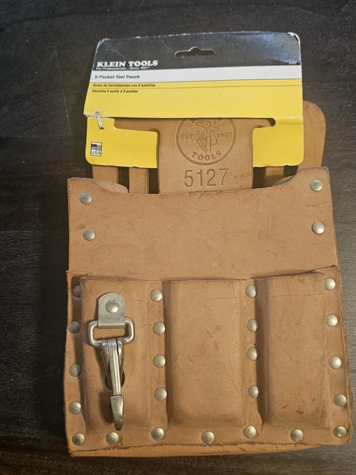 A brand-new, never-used vintage Klein Tools 5127 leather tool pouch — Made in USA craftsmanship that modern versions simply don't match.