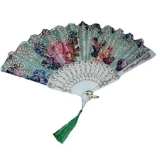 Vintage Floral Lace Hand Fan with Green Tassel - Elegant Decorative Folding Fan