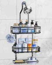 OMAIRA Shower Caddy Hanging with Soap Scrub Holder, Stainless Steel Black