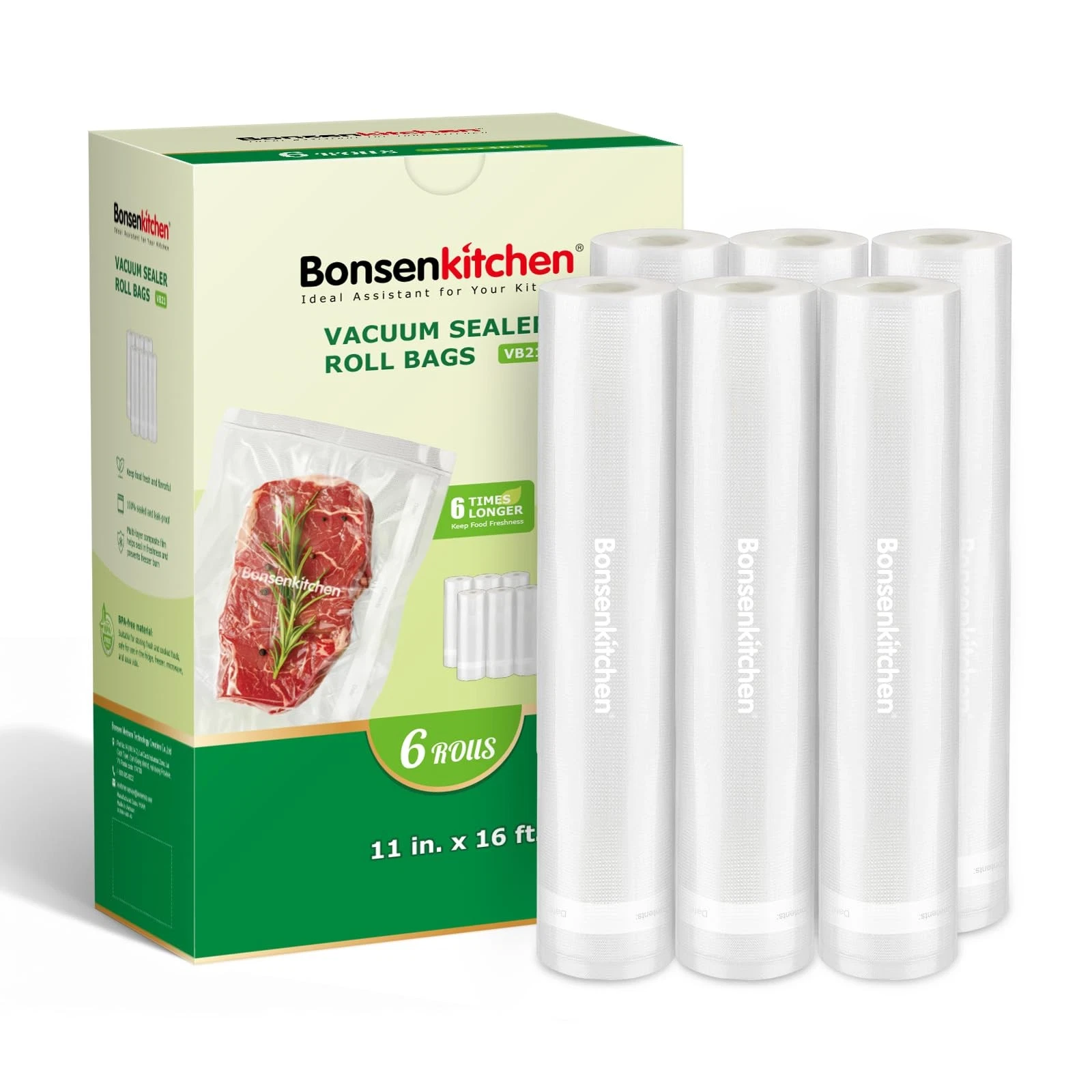 [2025 Upgraded] Bonsenkitchen 6 Rolls 11" x 16' Vacuum Sealer Bags x 16"