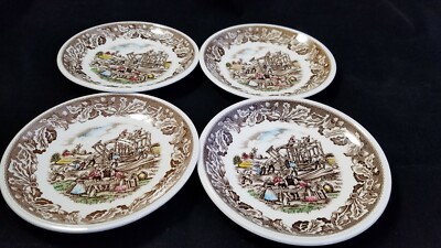 Set Of 4 Vintage Johnson Brothers Saucers Neighbors Barn Raising Made England