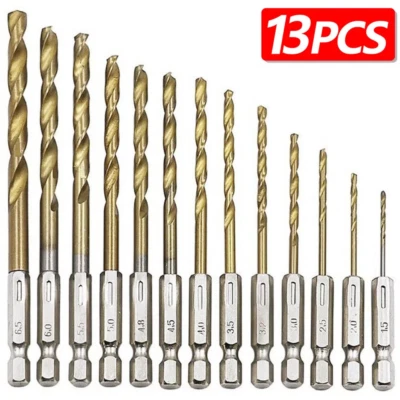 13PC HSS TITANIUM COATED DRILL BIT SET 1/4" HEX SHANK 1.5-6.5mm BITS HIGH SPEED