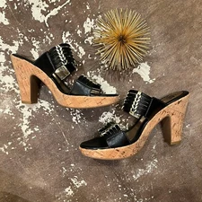 Sofft Shoes Fayann Slide Heel Sandal Black Leather Gold  Metallic Cork Heel  