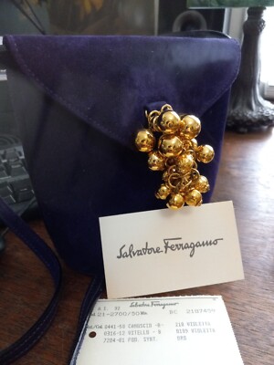 Salvatore Ferragamo Mini Purple Violetta Suede Gold Grapes Crossbody Bag 