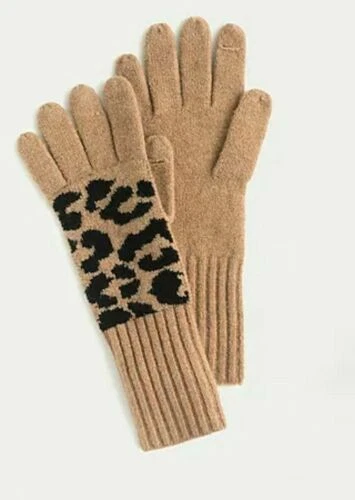 NEW J Crew Texting Leopard Supersoft Knit Acorn Black Wool Blend Gloves OS NWT