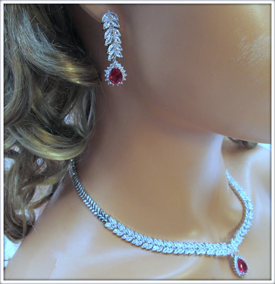 Ruby pear cut gemstone ladies Necklace Earrings Set For Brides party Weddings - Image 4 of 4