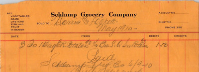 1910 SCHLAMP GROCERY CO OYSTERS GAME FISH FRUIT VEGETABLES BILLHEAD 
