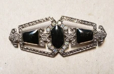 Art Deco Style Marcasite Onyx Aurora Borealis Crystal Brooch
