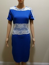 Womens Pencil Dress in Blue/lace Trim US XL  Fitted pre owned