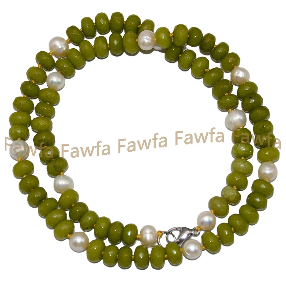 5x8mm Faceted Green Peridot Rondelle Gemstone Beads 7-8mm White Pearl Necklace - Image 2 of 4