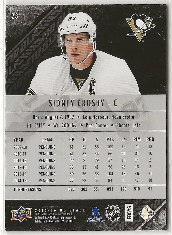 2015-16 UD Black #23 Sidney Crosby 311/349 Pittsburgh Penguins Upper Deck - Image 2 of 2