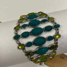 Lucky Brand Wide Bracelet Faceted Green and Yellow Faux Stone Silver Tone