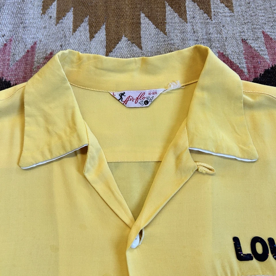 复古 20 世纪 50 年代 Air Flo 人造丝保龄球衬衫 尺寸 L - 黄色 — 第 4/4 张图片