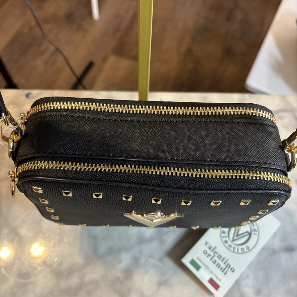 Valentino Orlandi black studded crossbody bag with gold-tone hardware. - Image 4 of 4