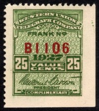 1927 US Revenue Scott #- 16T72 25 Cents Western Union Telegraph Company