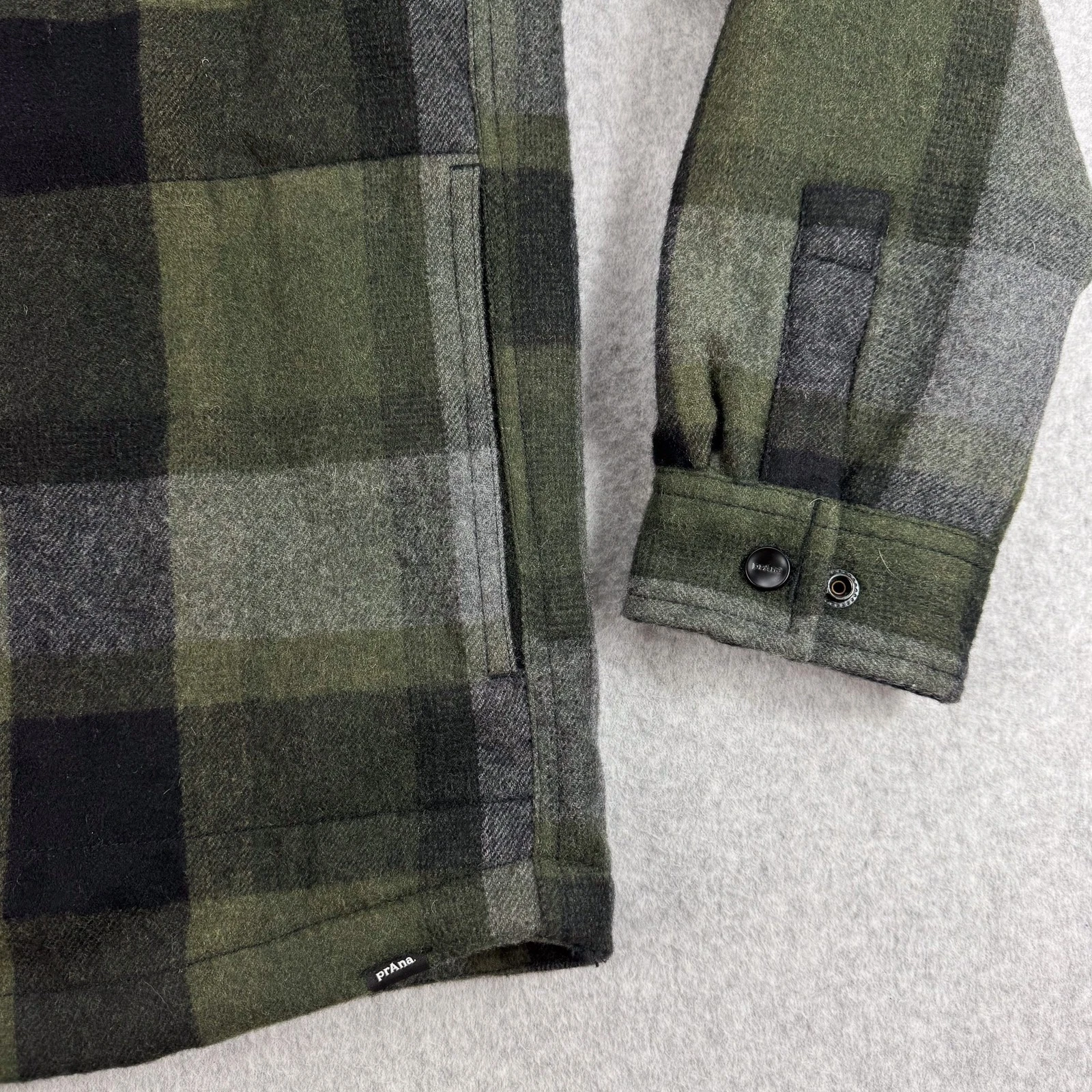 prAna Asgard Jacket Mens Large Green Black Wool Blend Plaid Hooded Shirt 196451 image 8