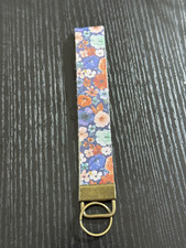 Blue Flower Fabric Keychain with brass metal