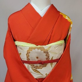 4-Piece Vintage Japanese Silk Kimono Set &ndash; Orange with Gold Accents & Cream Obi