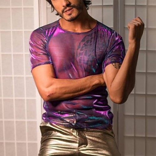 Summer Mens Short Sleeve Mesh See Through Shiny Blouse Party Clubwear Tee Tops - Picture 5 of 14