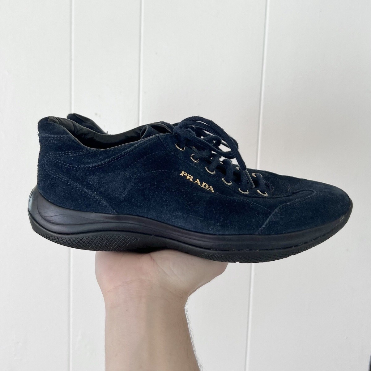 スニーカー PRADA Navy Blue Leather Sneakers Prada Leather Suede Sneaker Navy Blue Gold Logo Size 36/6 | eBay