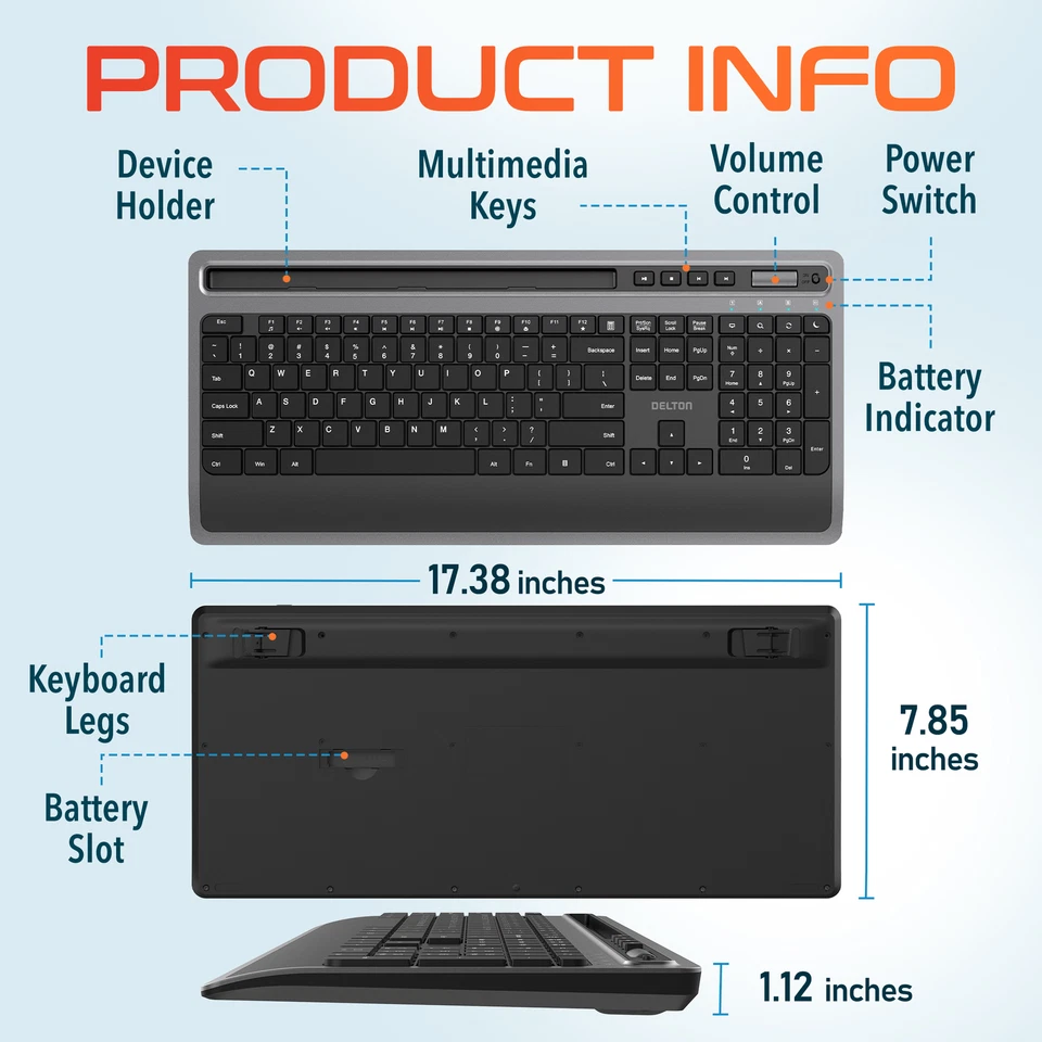 Delton T42 Wireless Ergonomic Computer Keyboard with Tablet Holder - Black - Image 4 of 4