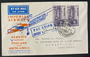 1932 Athens Greece Early Airmail First Flight Cover To Kimberly South Africa