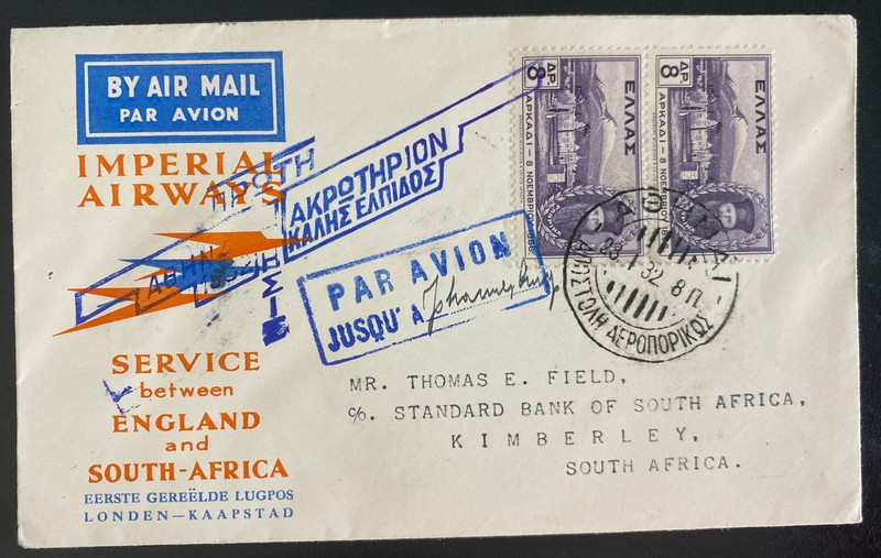 1932 Athens Greece Early Airmail First Flight Cover To Kimberly South Africa