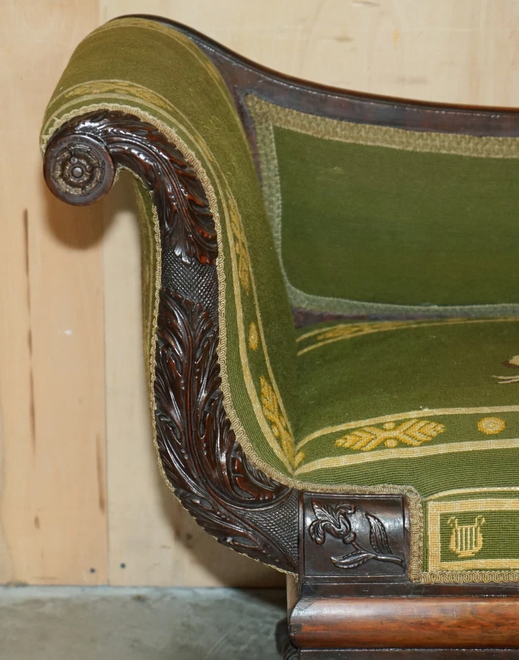 ANTIQUE REGENCY EMBROIDERED MAHOGANY HAND CARVED LION'S HAIRY PAW CHAISE LOUNGE - Image 3 of 4