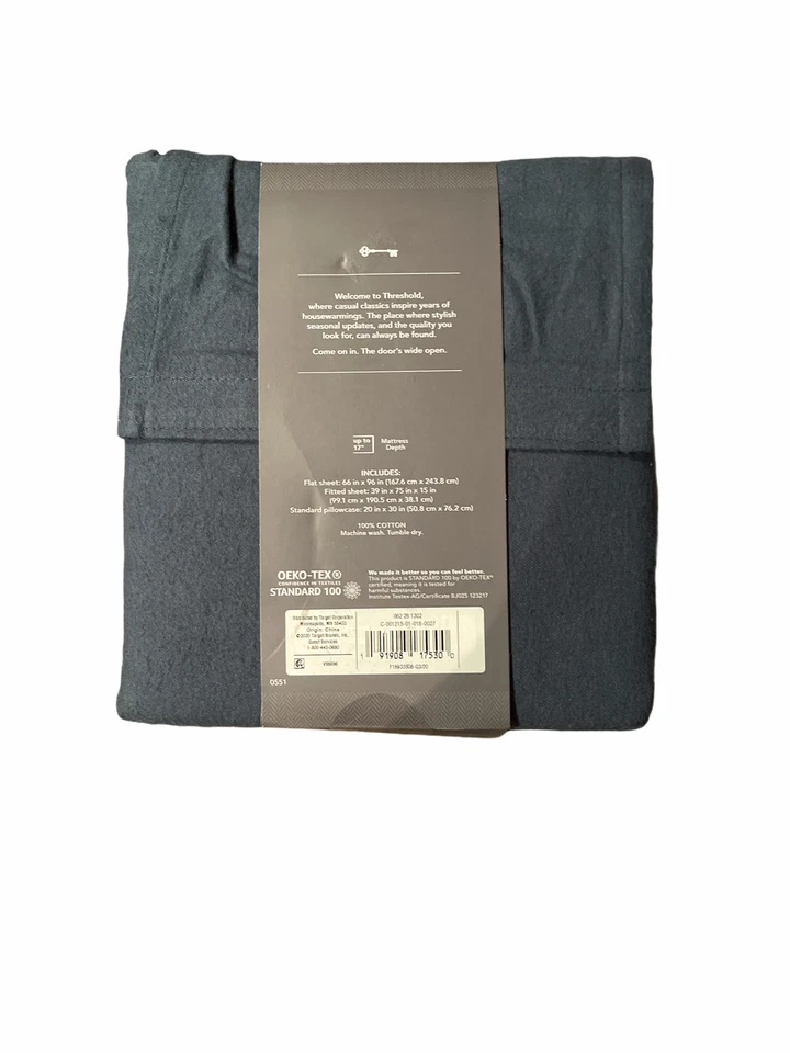 NEW Threshold- Solid Flannel Sheet Set, Twin, Dark Blue - Image 2 of 3