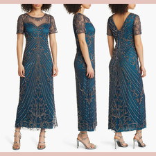 NEW 268 Pisarro Nights 14 Illusion Beaded Mesh Column Gown in Cobalt J795